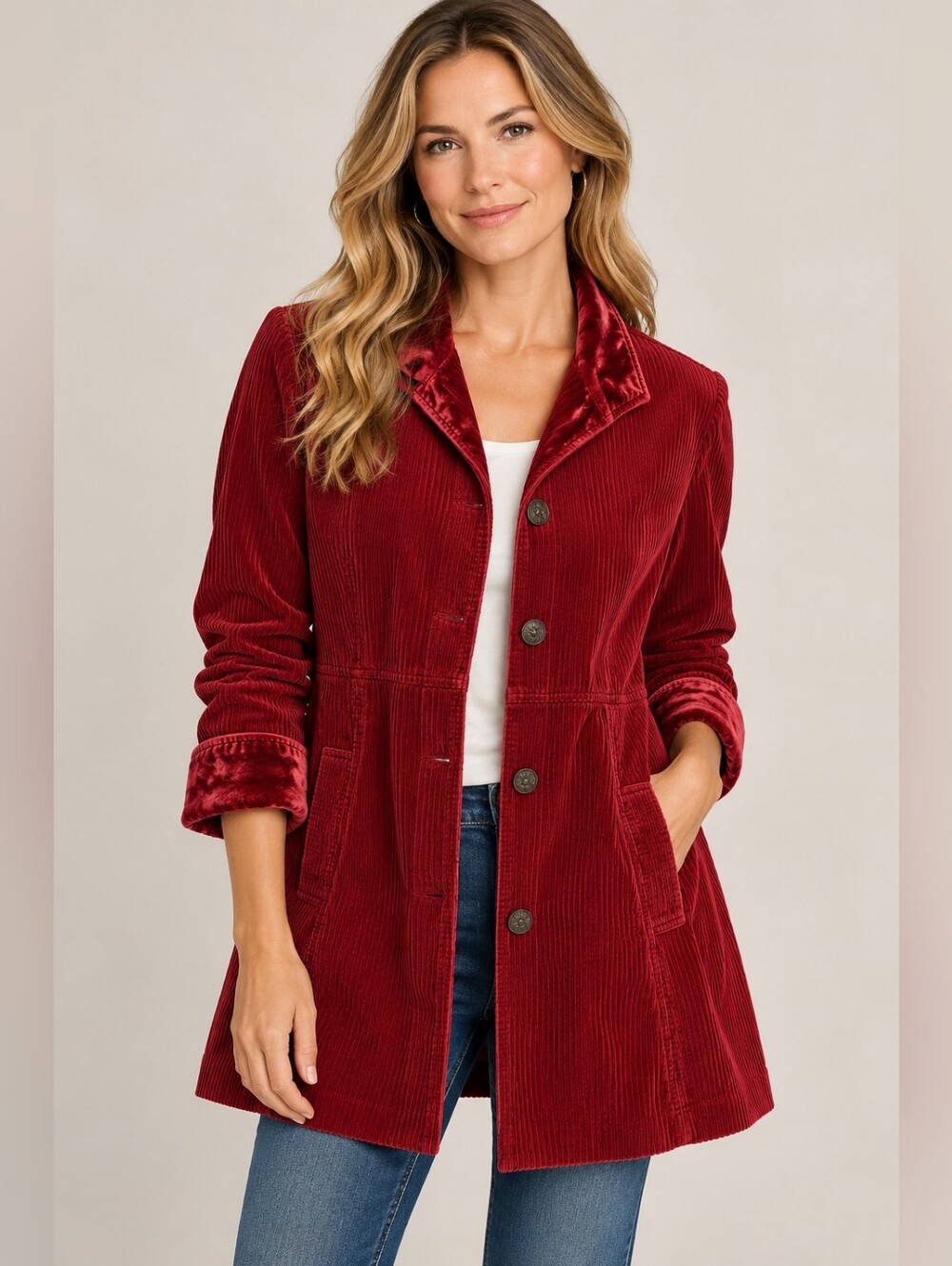 J.JILL RED CORDUROY VELVET TRIM PLEATED JACKET COAT SIZE L